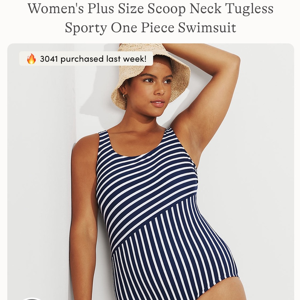 NWT Land’s End Navy Striped Women's Plus Size Scoop Neck Swimsuit